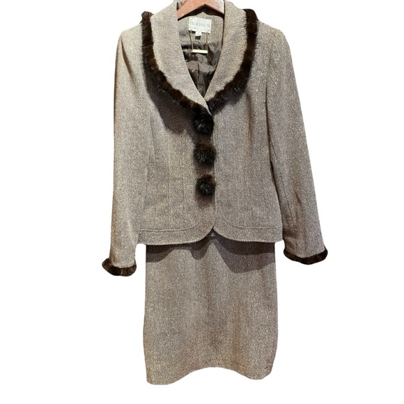 VTG Couture MINK Detailed Lily & Taylor Brown and Gold Tweed Suit Jacket & Skirt - Picture 1 of 16